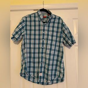 Izod size medium turquoise and black plaid. Short sleeve.